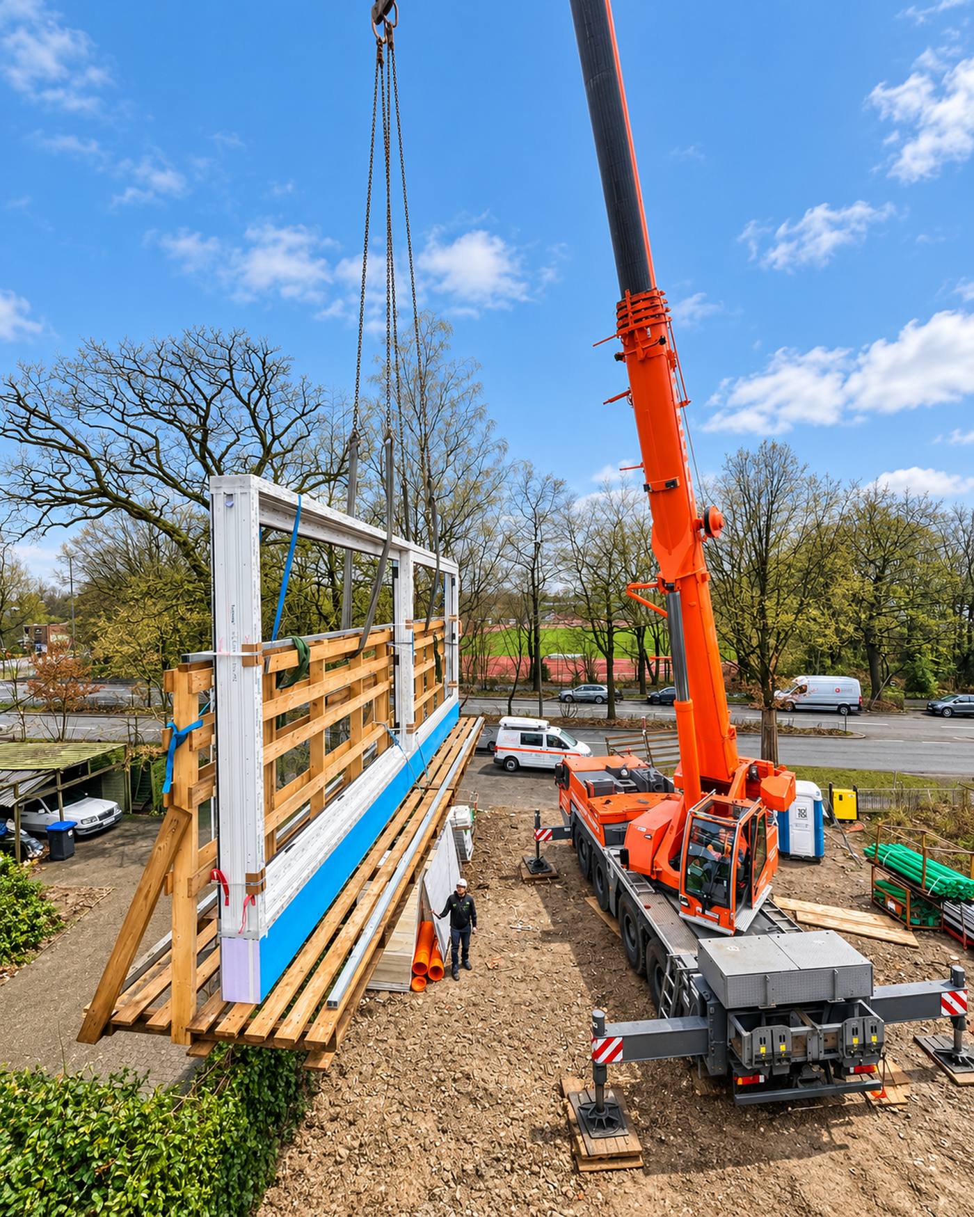 Kranmontage eines großen Fenster-/Türelements durch Montagebau Becker