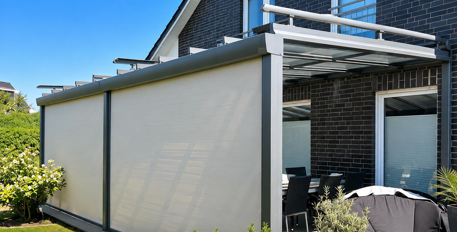 Seitlicher Sonnenschutz-Screen an einem Terrassendach von Montagebau Becker