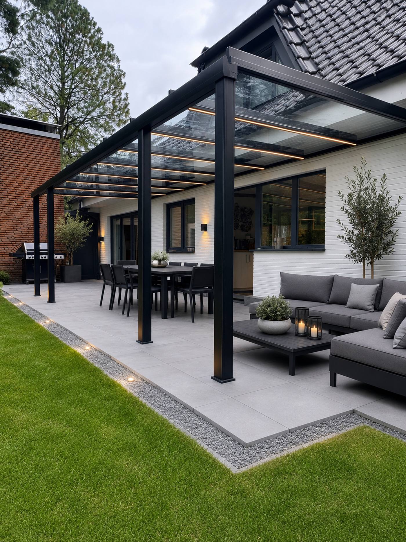 Terrassendach-Projekt von Montagebau Becker mit Loungebereich am Abend
